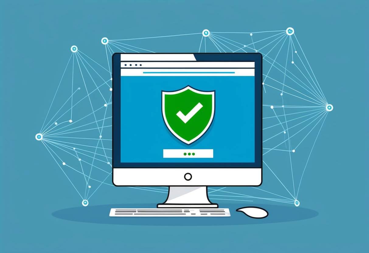 A computer screen displaying a secure website with a shield icon and a green checkmark, surrounded by a network of interconnected lines