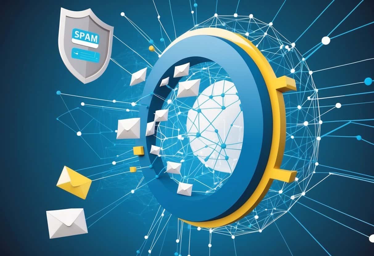 A web of interconnected nodes filters out spam messages, while a shield protects against potential threats