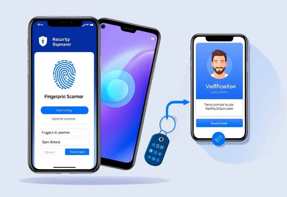 A smartphone displaying a fingerprint scanner and facial recognition feature, alongside a security key and a verification code sent to the user's email