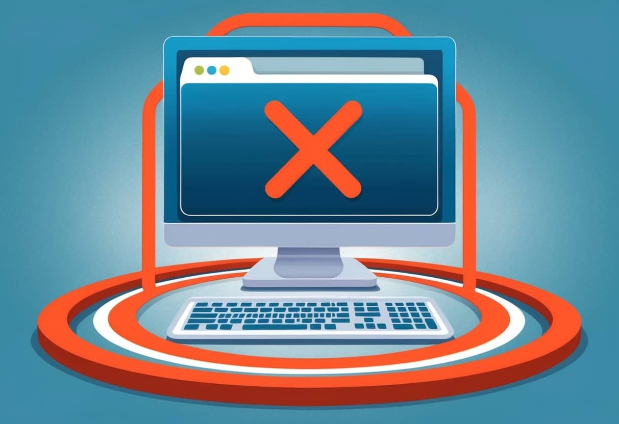 A computer surrounded by a red warning sign, with a large X over a download icon