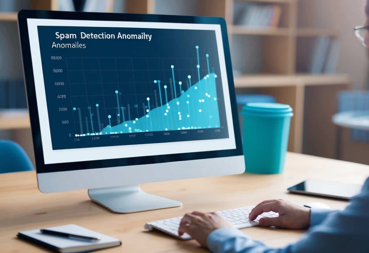 A computer screen displaying a graph with data points indicating spam detection anomalies. A machine learning algorithm is running in the background