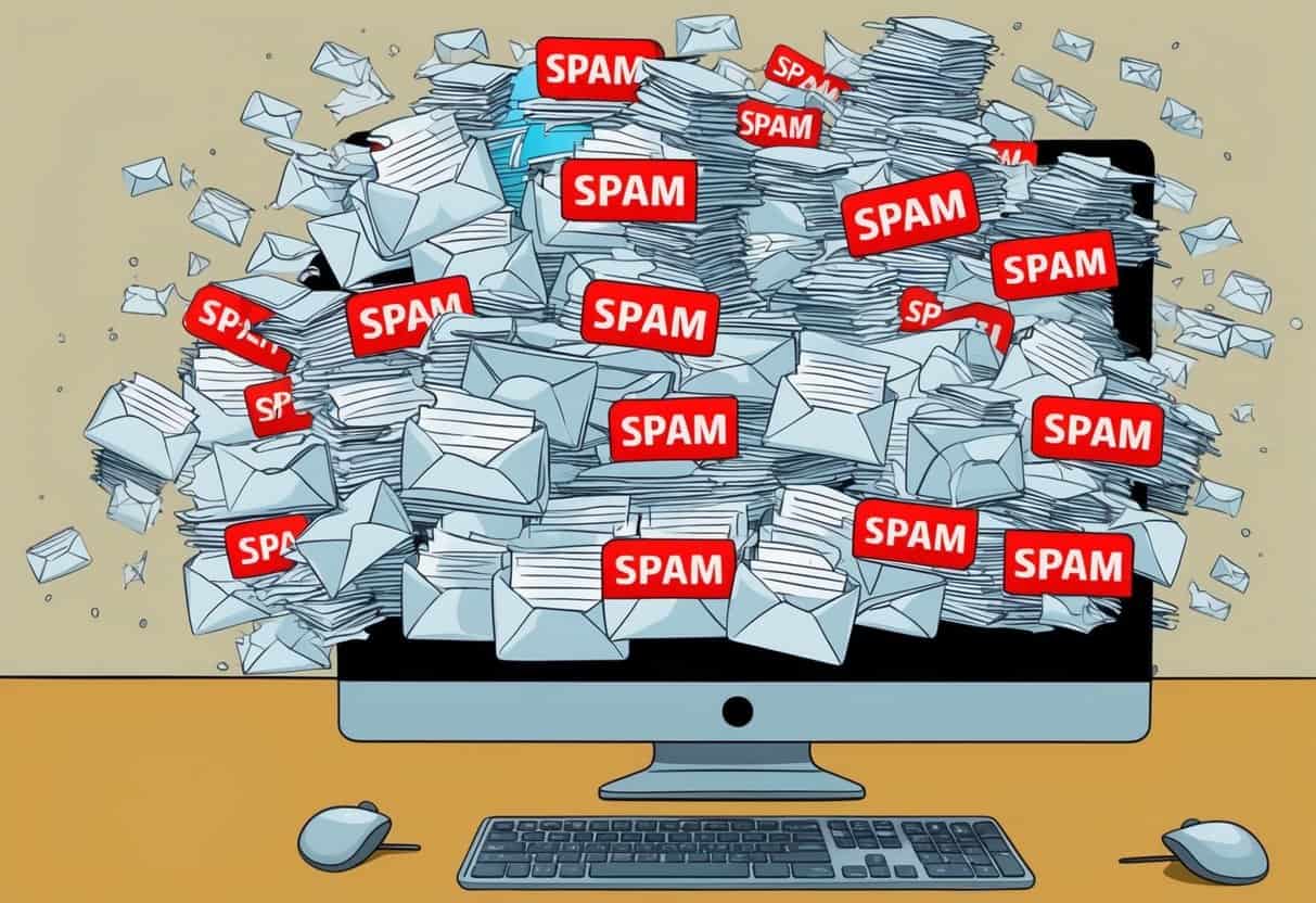 A computer screen showing a flood of spam emails filling up the inbox, with a red "spam" label on each one