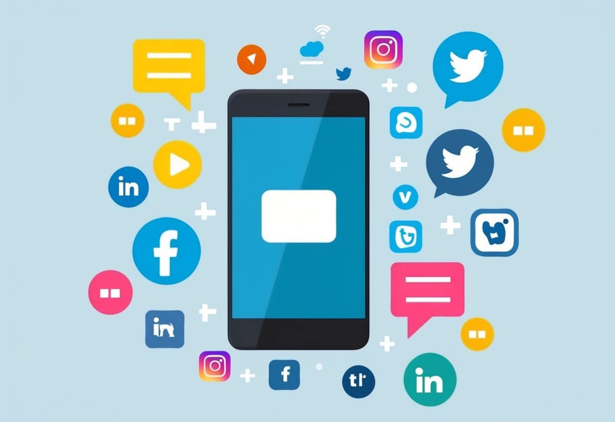 A smartphone surrounded by various social media icons, with positive and negative feedback symbols floating around it