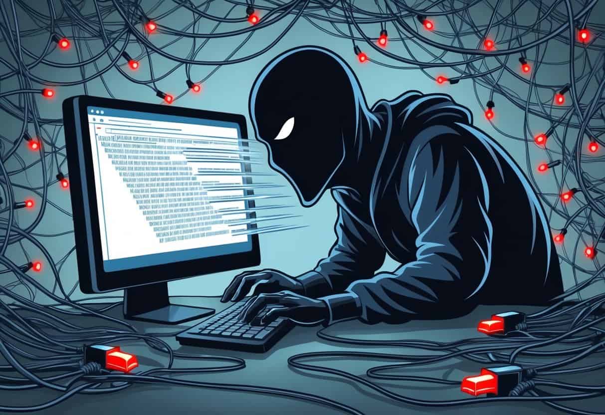 A shadowy figure lurks behind a computer screen, sending out waves of malicious emails. A web of tangled wires and ominous red lights surrounds the hacker's lair
