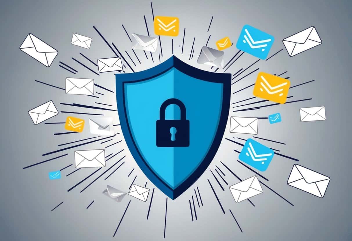 A shield with a lock symbol deflecting a barrage of spam emails
