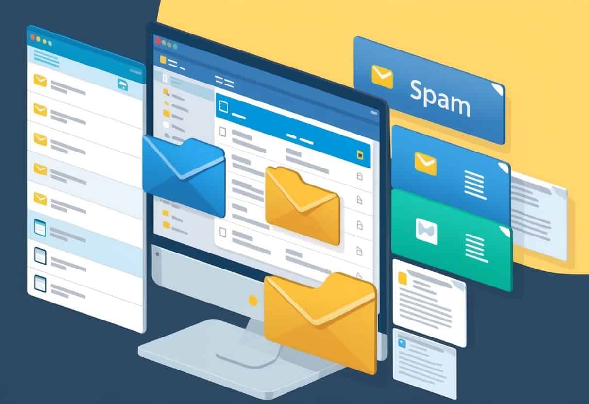 A computer screen displaying a series of incoming emails, with some being filtered into a separate folder while others are marked as spam