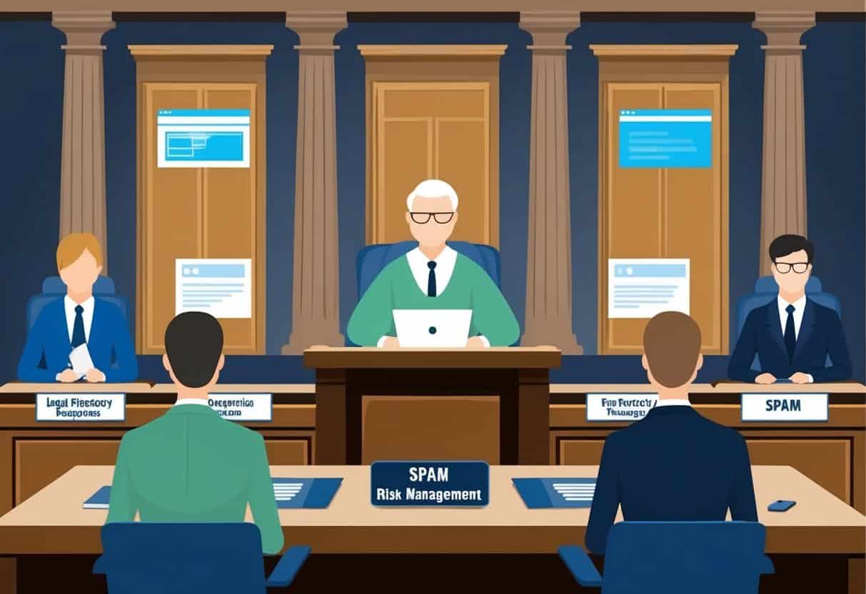 A courtroom with a judge presiding over a case involving spam risk management. Lawyers present legal and regulatory responses