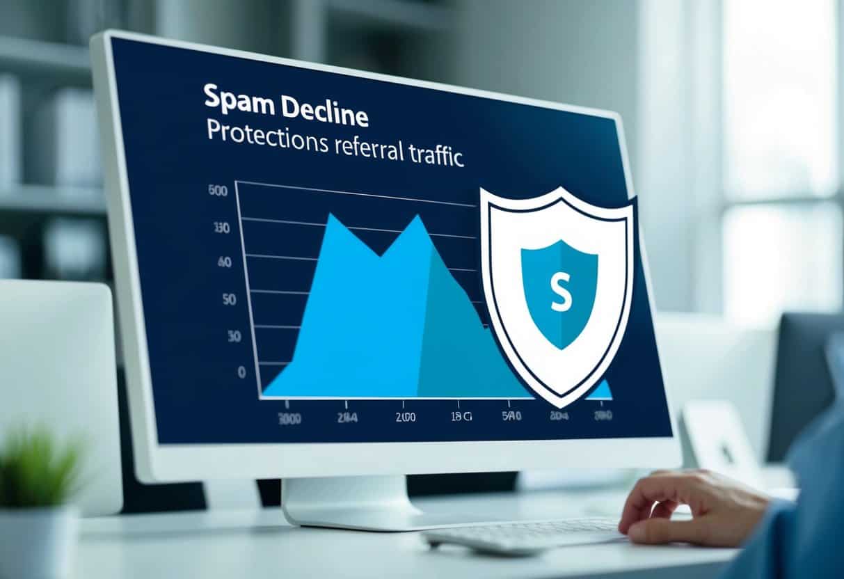 An office computer screen displaying a graph with a sharp decline in spam referral traffic. A shield icon symbolizing protection against spam