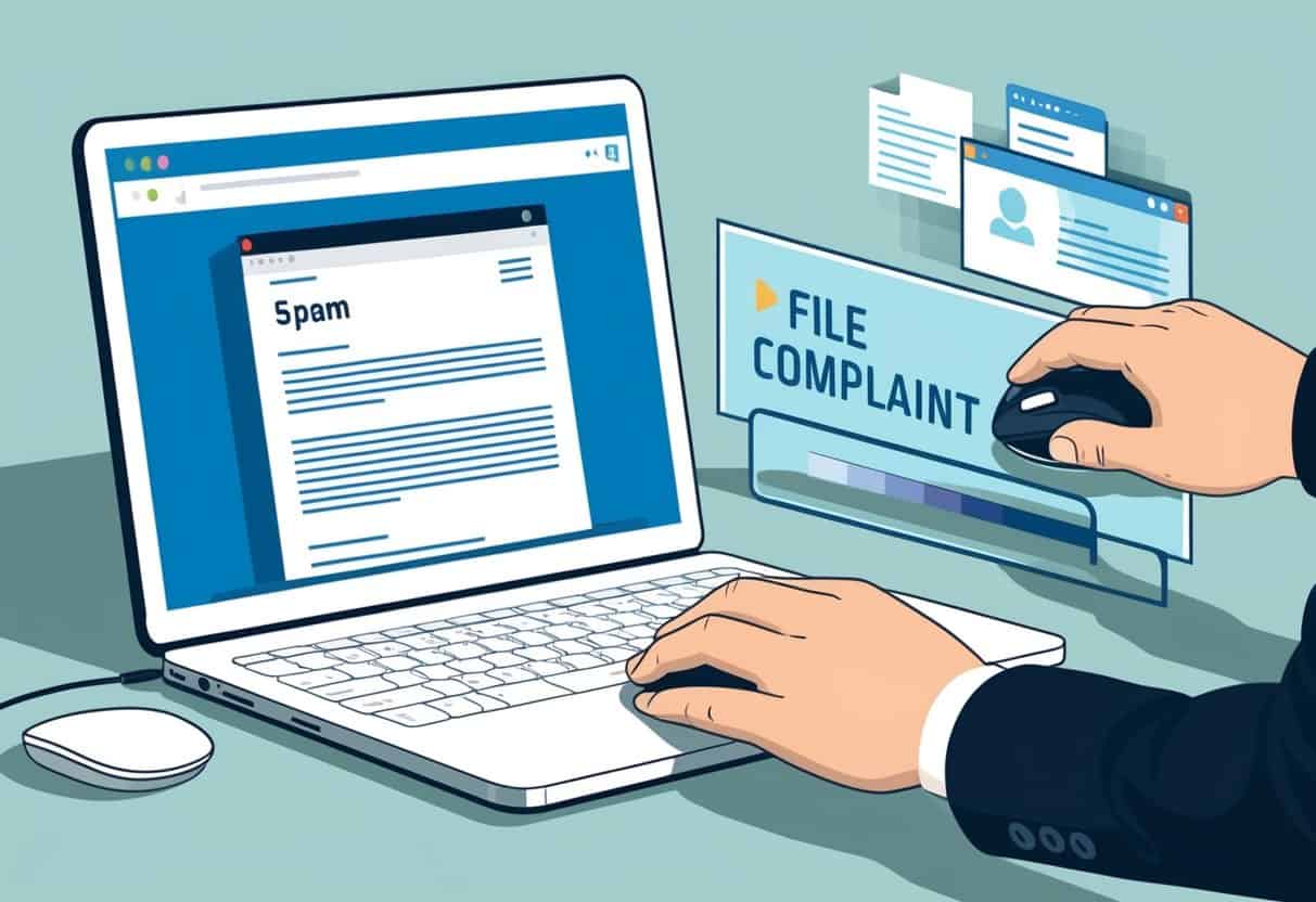 A computer screen with a spam email open, a hand moving a mouse to click on a "file complaint" button, and a progress bar indicating the complaint process