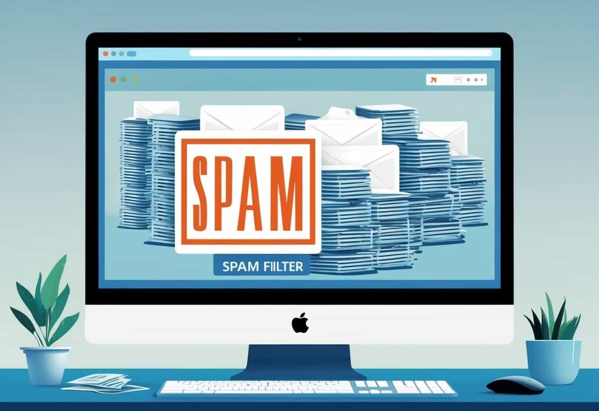 A computer screen with a spam filter blocking a flood of junk emails