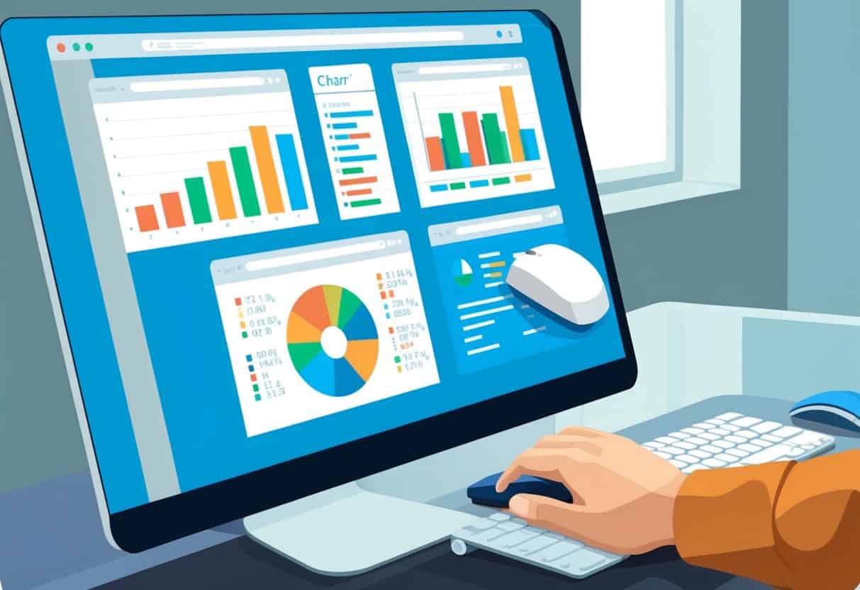 A computer screen displaying various data charts and graphs, with a person's hand using a mouse to navigate through the information