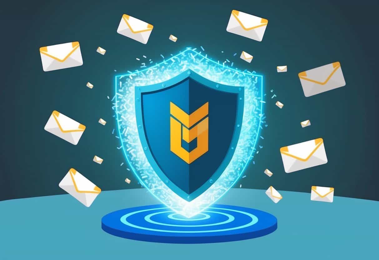 A shield surrounded by a force field, repelling a swarm of incoming spam emails