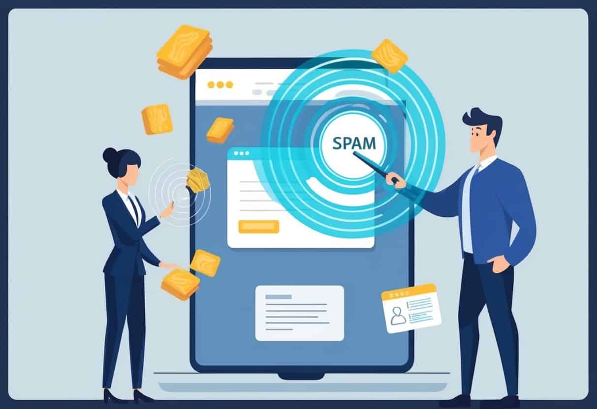 A website shielded by a barrier, with spam being repelled by a force field