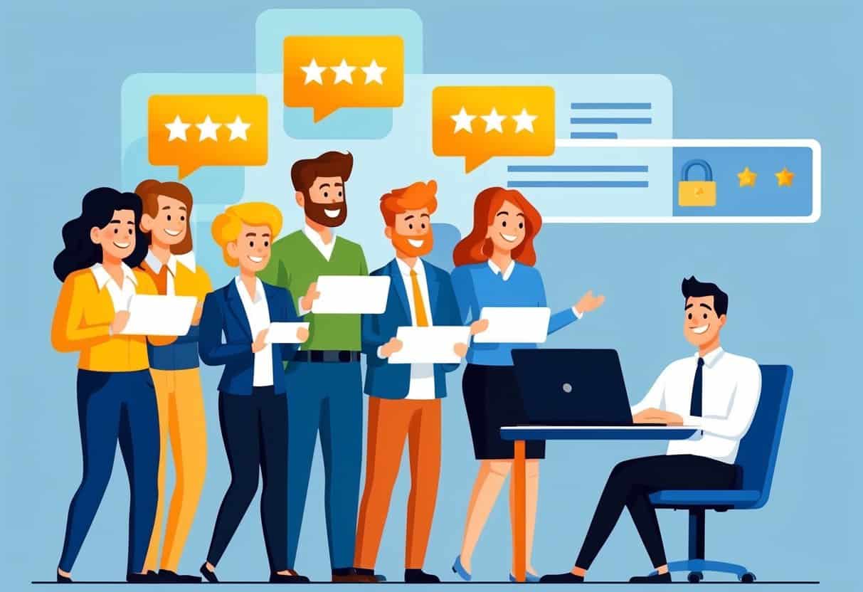 A group of happy customers leaving glowing reviews online, while a business owner watches with satisfaction