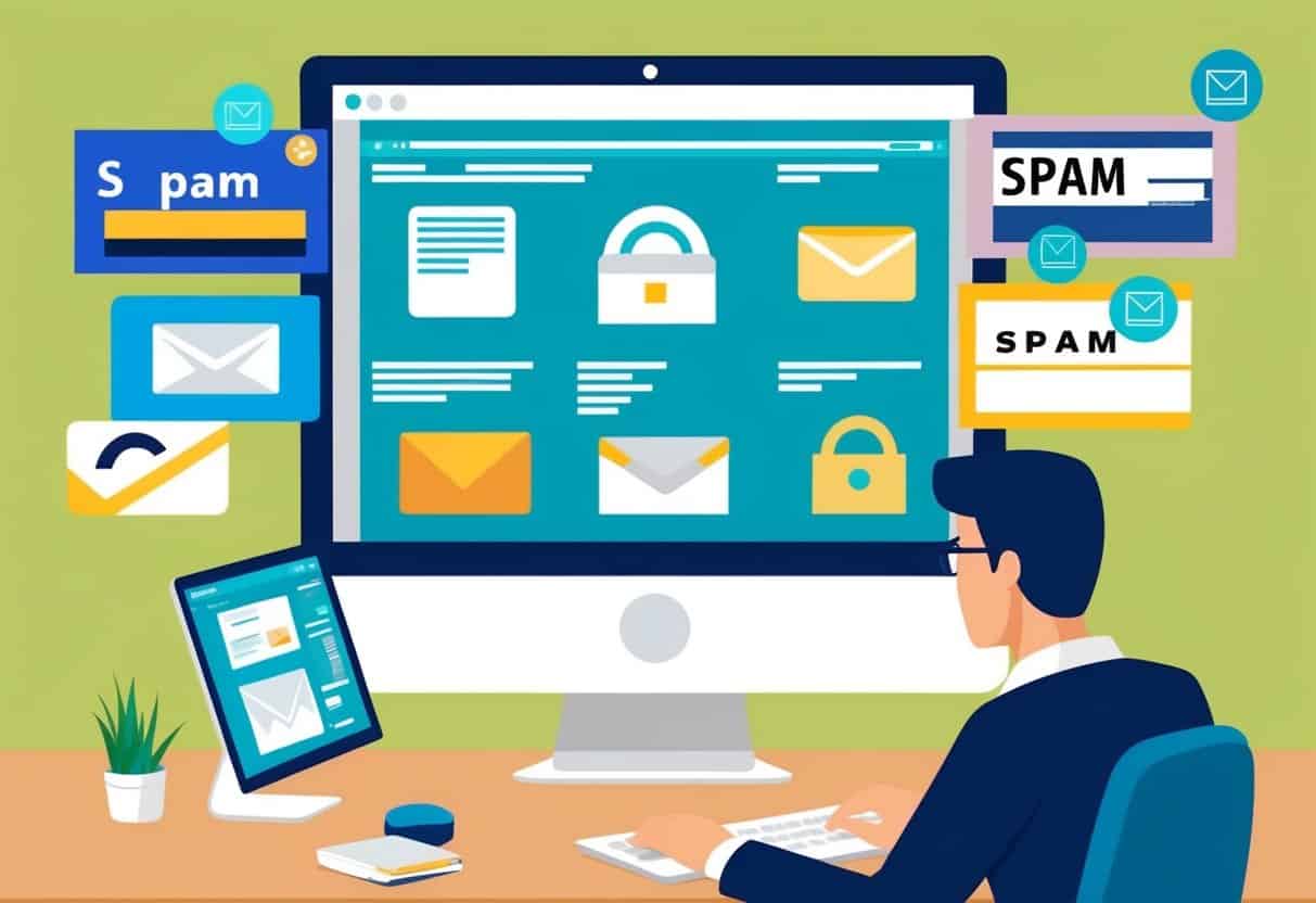 A computer screen displaying various types of spam emails and a person analyzing the patterns