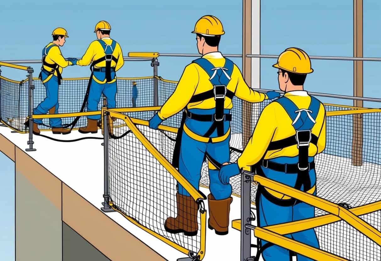 Workers on a construction site wearing harnesses and using guardrails and safety nets to prevent falls from elevated platforms