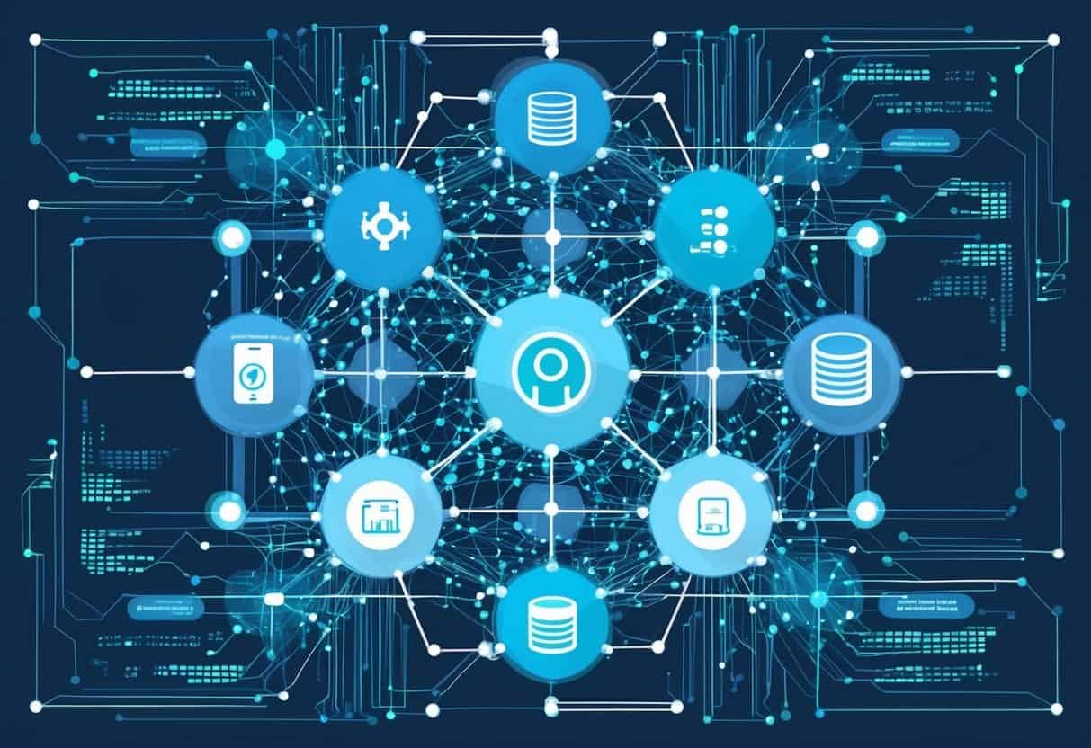 A network of interconnected nodes and data streams, with algorithms processing and analyzing information, representing the complex web of AI and machine learning spam intelligence gathering