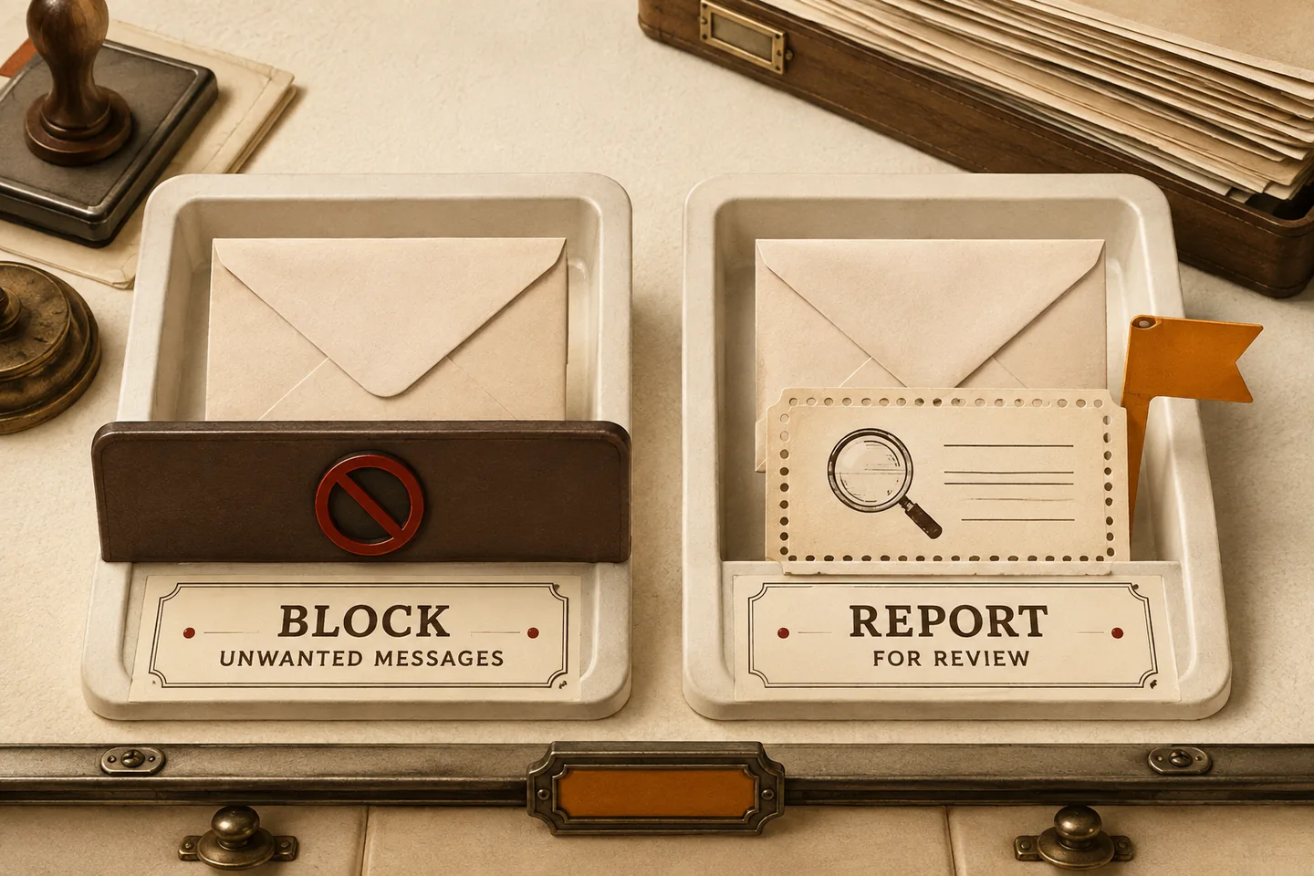 Illustrated cream mail trays contrast an envelope behind a red blocking symbol with an envelope, perforated evidence ticket and amber flag awaiting review.